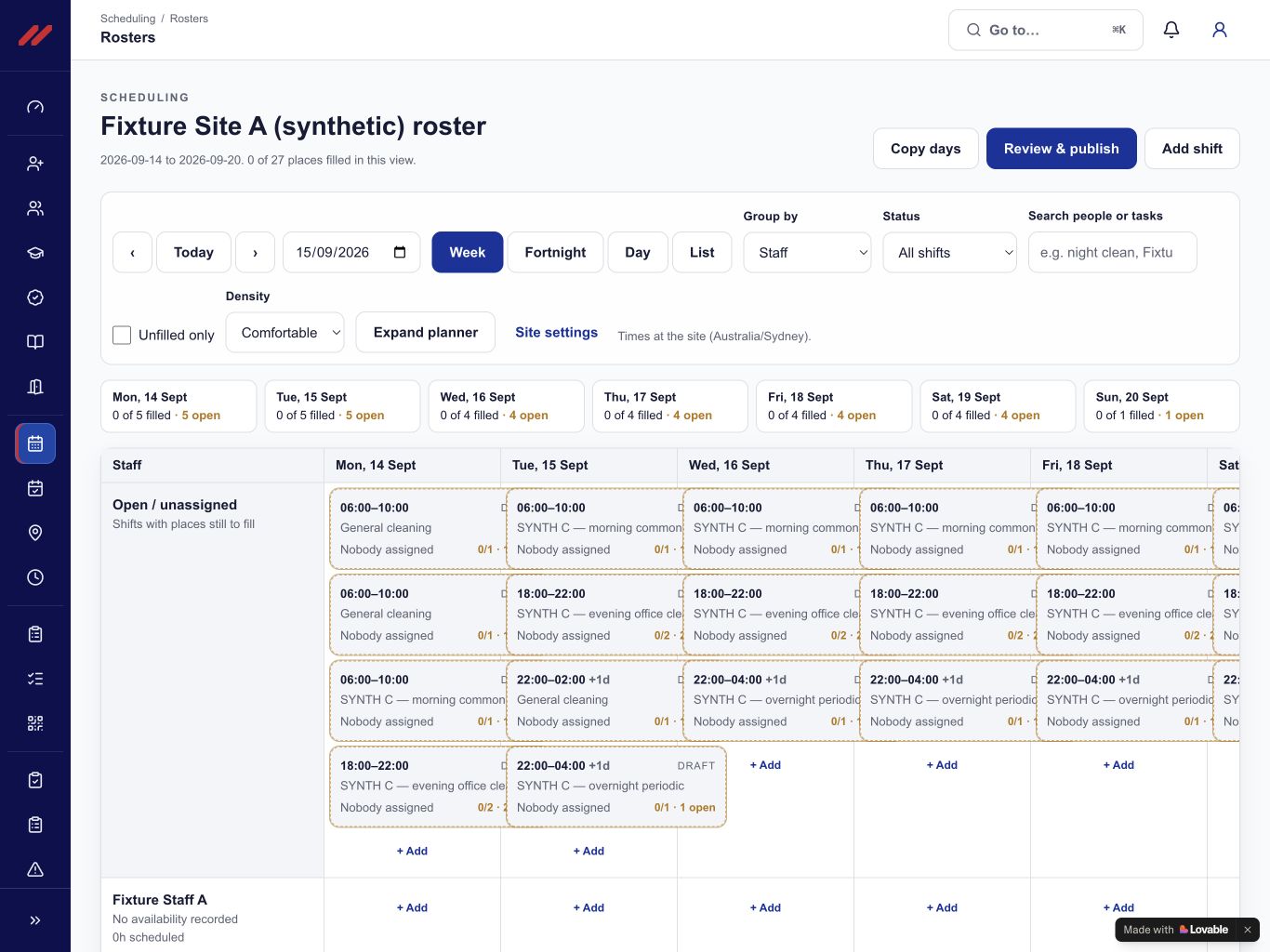 ULTAVI roster showing a week of demonstration shifts and open positions