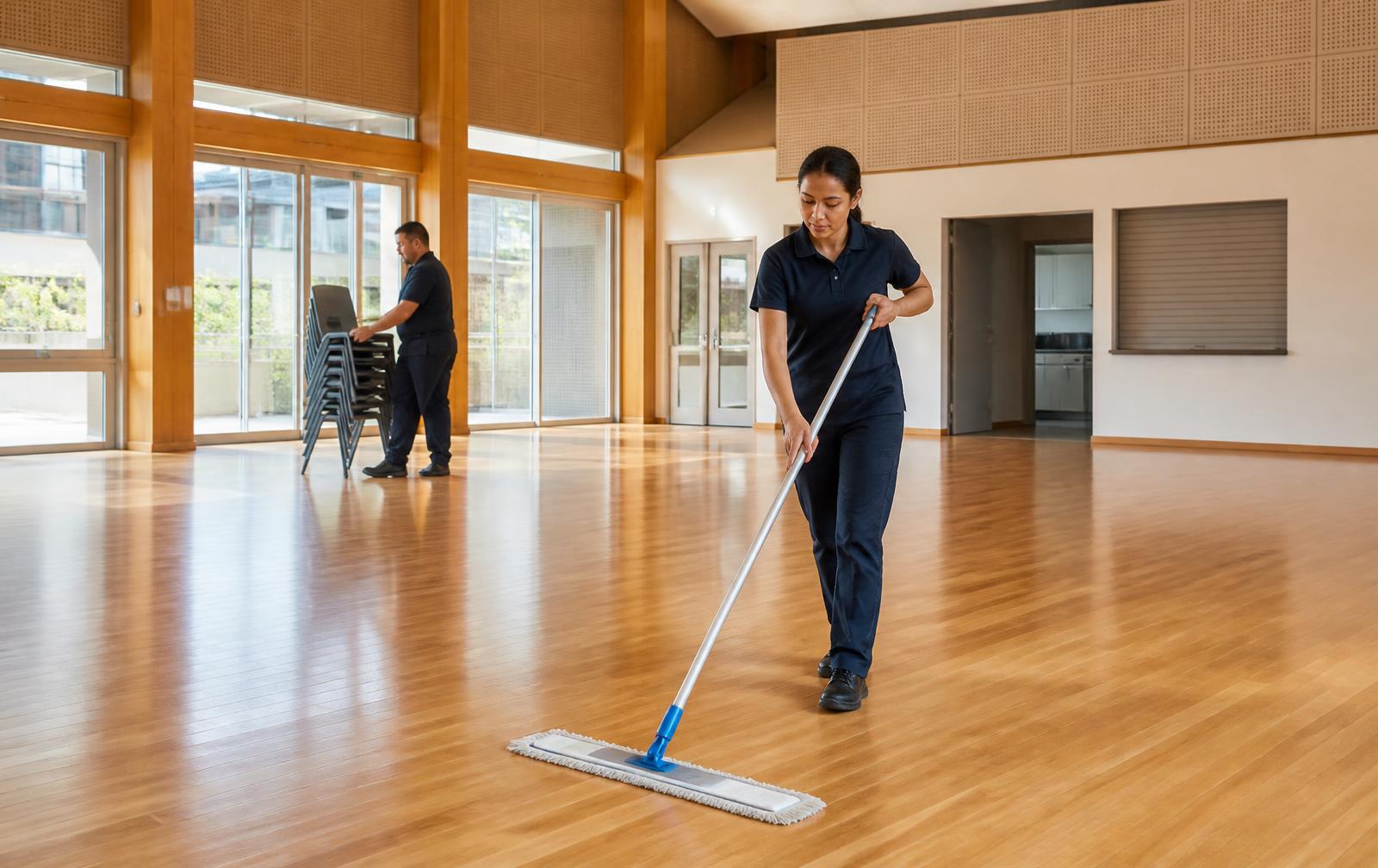 Cleaning team preparing a community hall between bookings