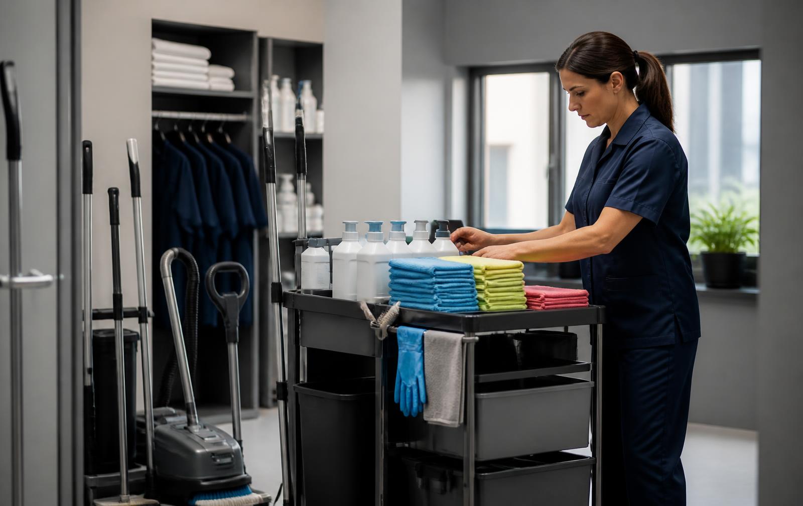 Cleaning equipment prepared in a service corridor