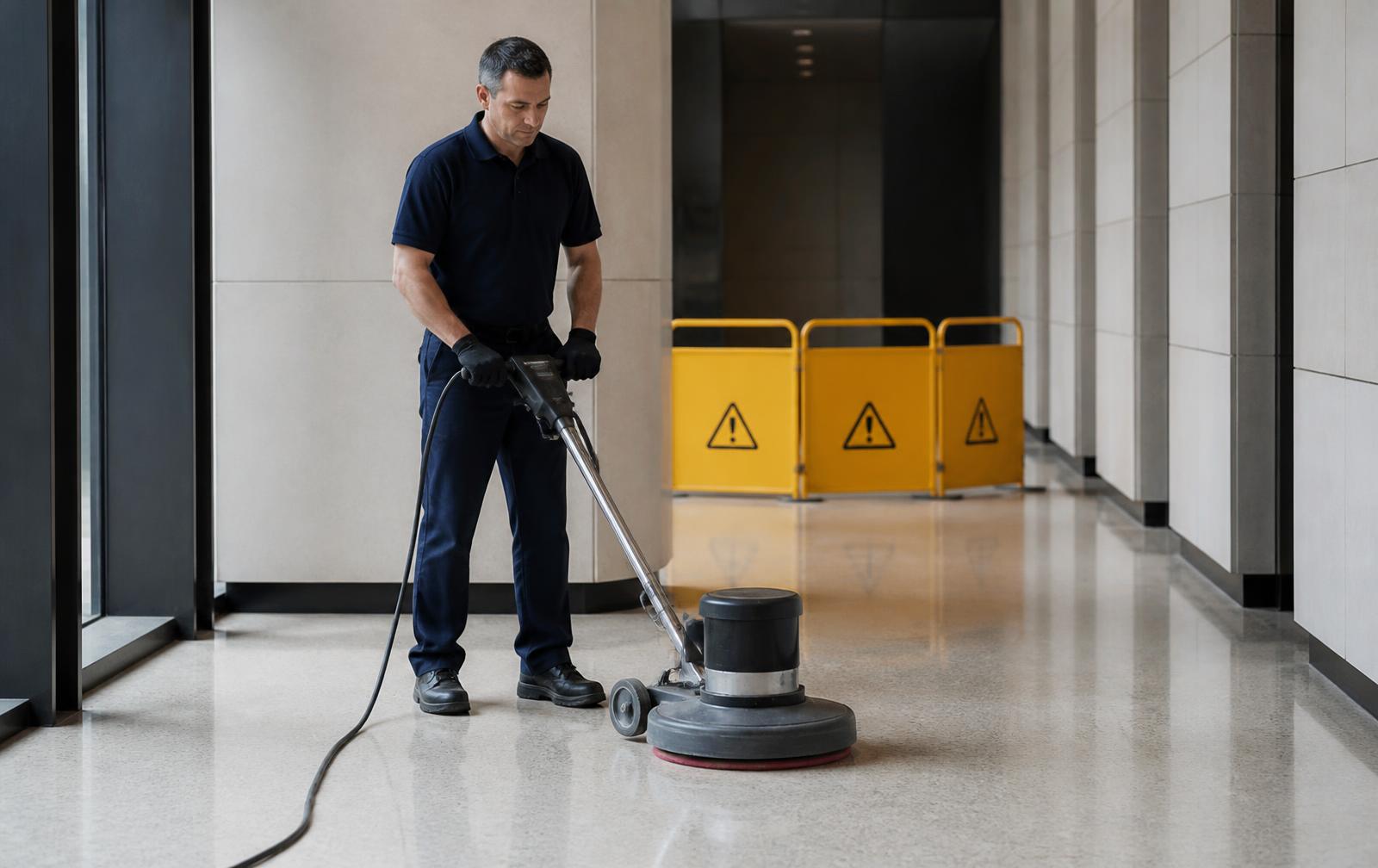 Cleaner operating a rotary floor machine in a commercial corridor