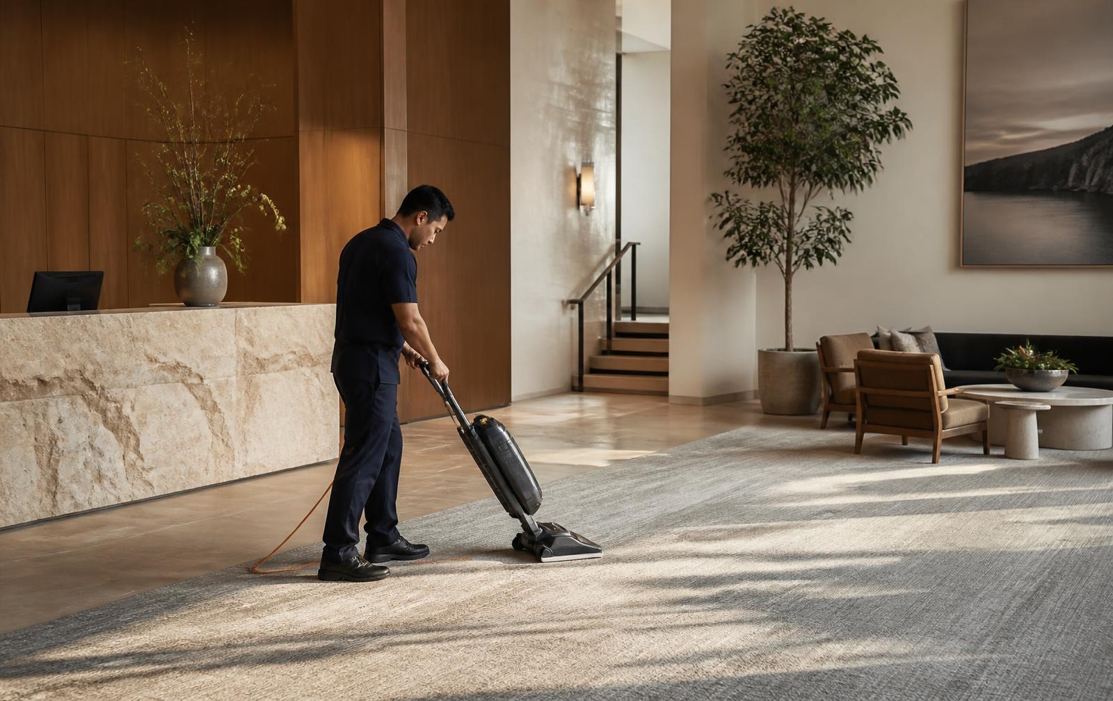 Cleaner vacuuming an entry rug in a contemporary hotel lobby before guest arrival