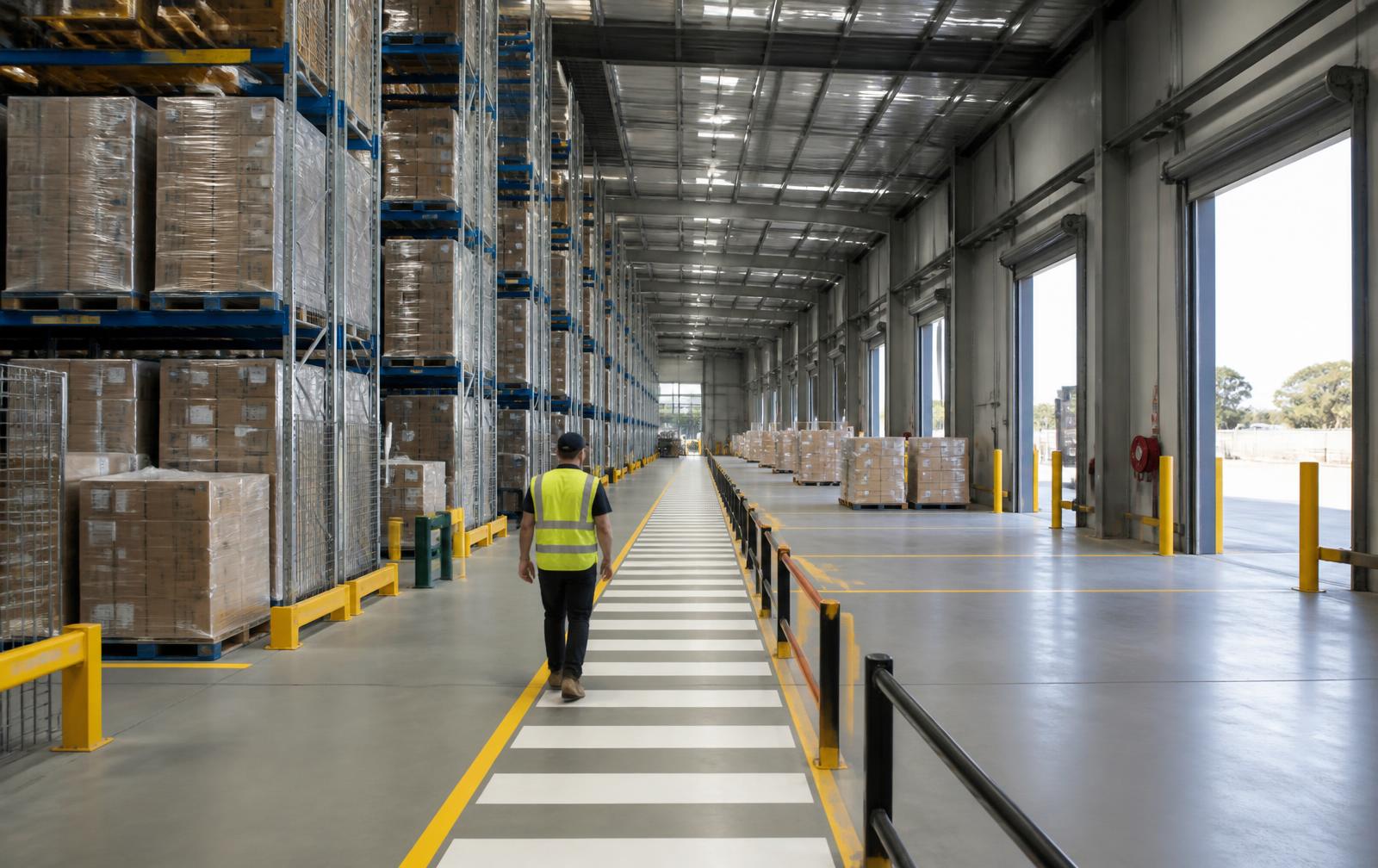 Large logistics centre with protected pedestrian route and racking aisles