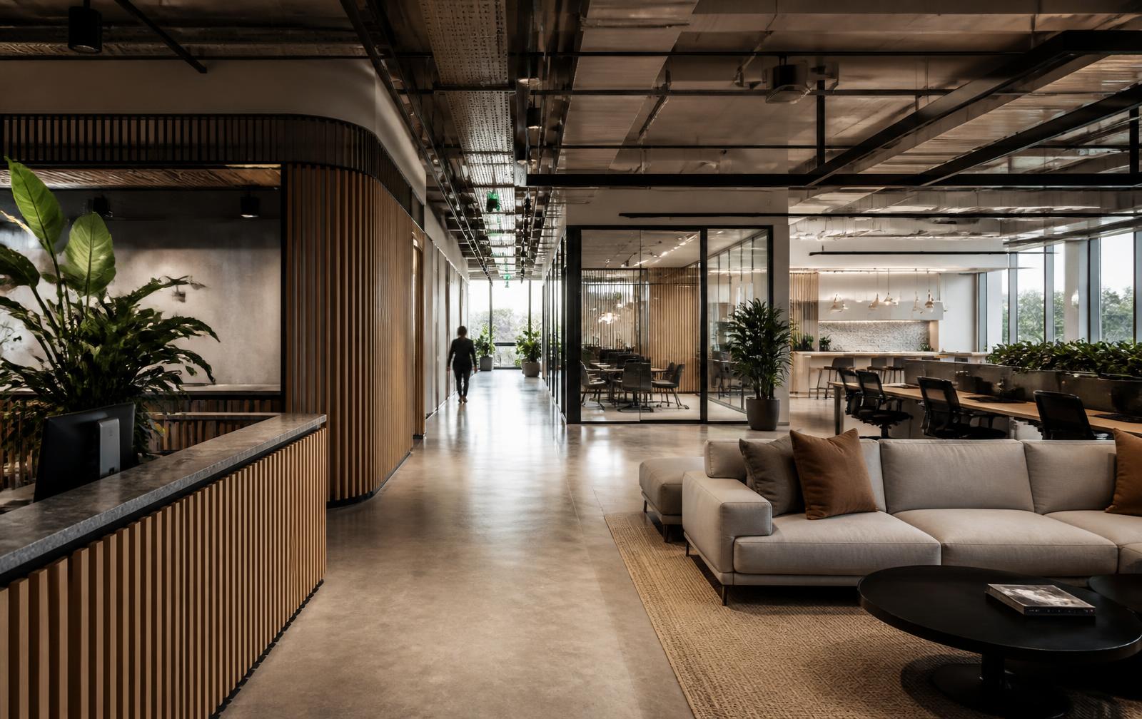 Contemporary corporate workplace with meeting rooms, shared spaces and reception