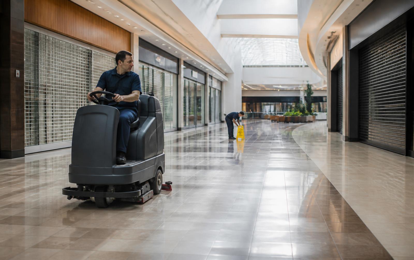 Cleaner operating a ride-on floor scrubber in a shopping-centre concourse before opening