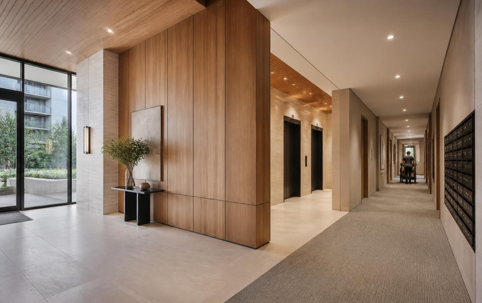 Apartment-building entrance, lift lobby and shared corridor