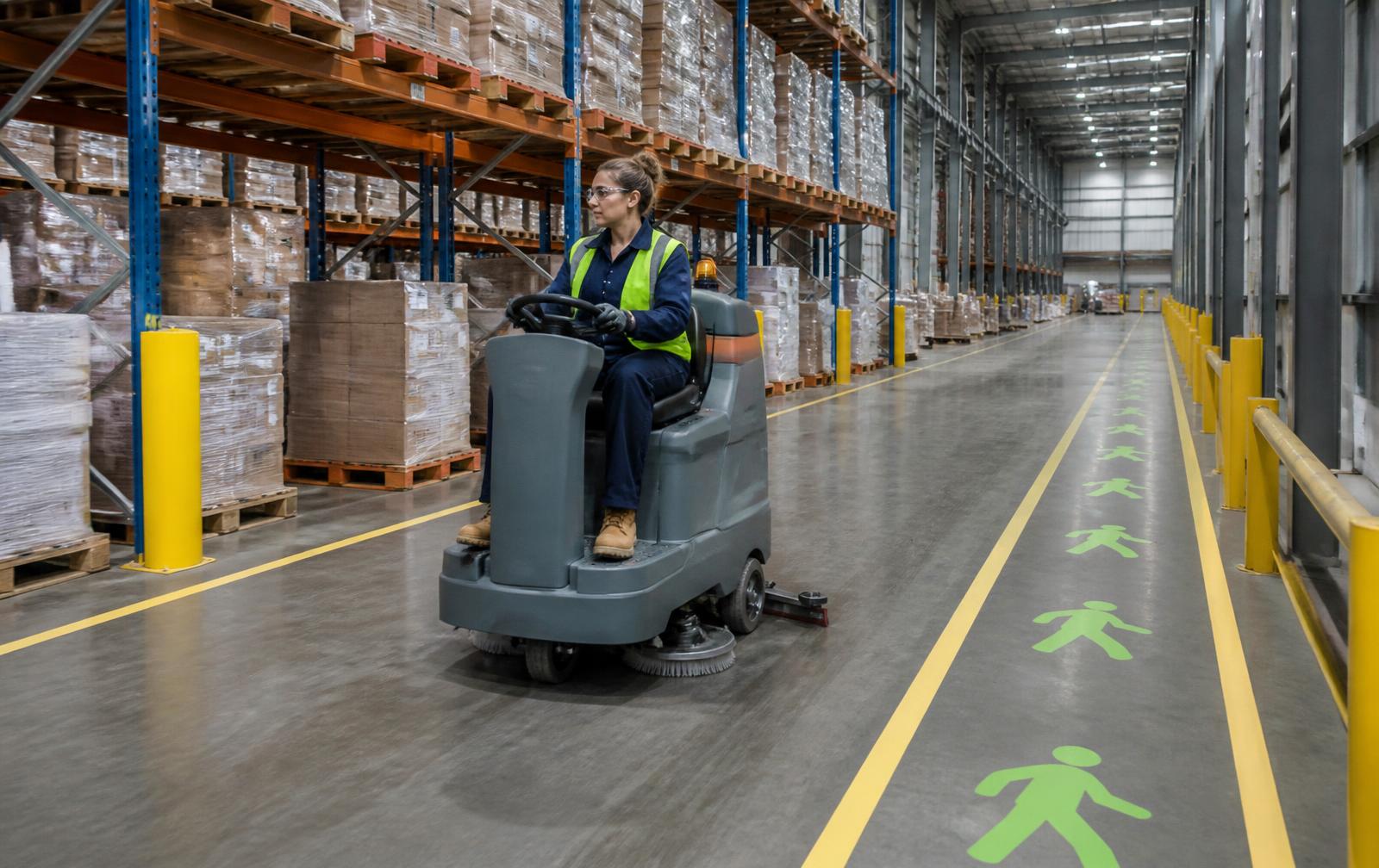 Cleaner operating a ride-on floor scrubber within a marked warehouse route