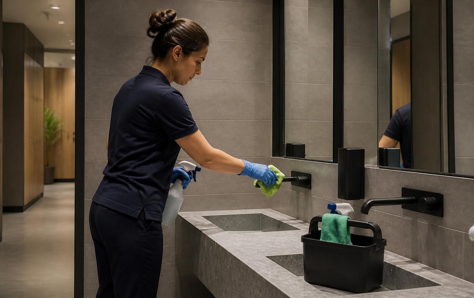 Cleaner caring for a basin and tap in contemporary commercial amenities